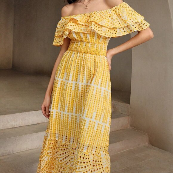 Yellow Party Women's Light Hollow Out Romantic Strapless Dress - Picture 5 of 7